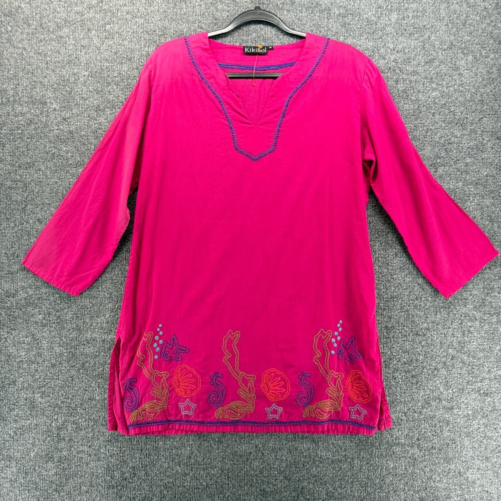 KikiSol Top Womens M Pink Tunic Ocean Embroidered V-Neck Coastal Resort Cover Up